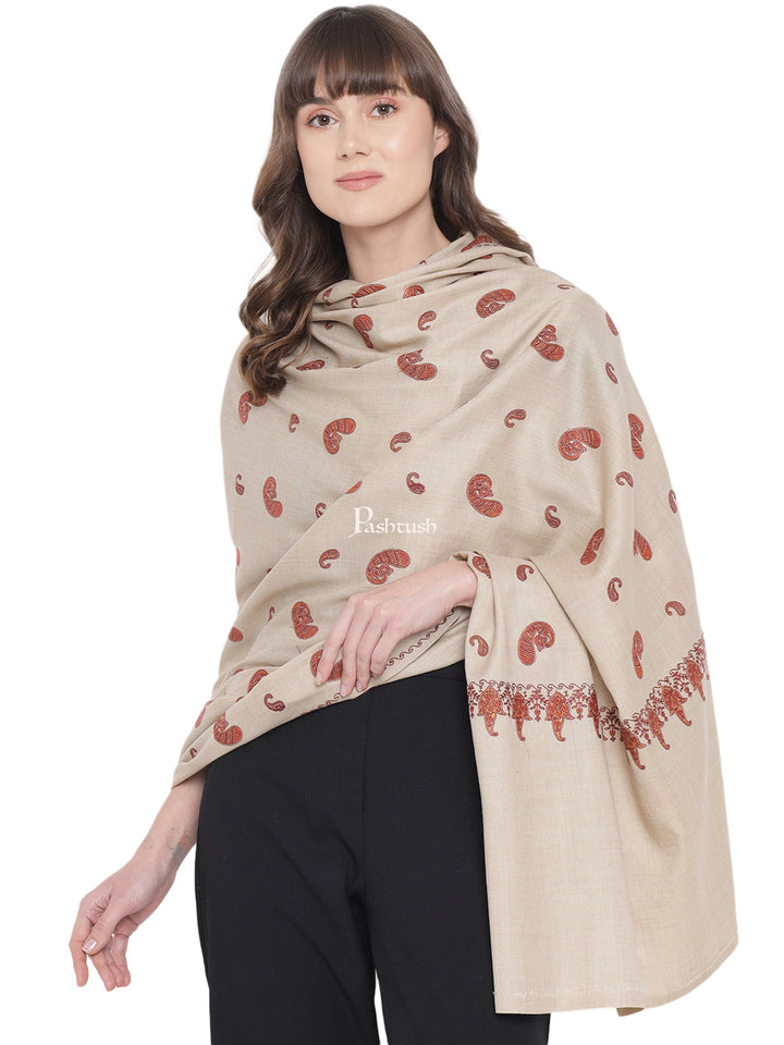 Pashtush India Womens Shawls Pashtush Womens Embroidery Shawl, Khakikar, Booti Jaal, Fine Wool, Beige