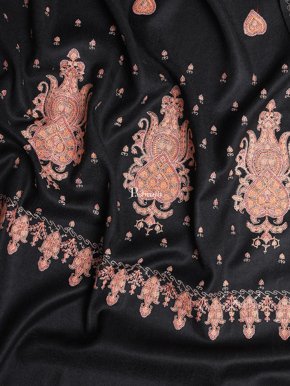 Pashtush India Womens Shawls Pashtush Womens Embroidery Shawl, Khakikar, Booti Jaal, Fine Wool, Black