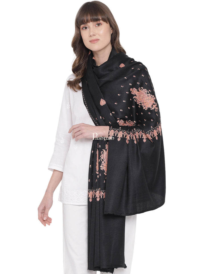 Pashtush India Womens Shawls Pashtush Womens Embroidery Shawl, Khakikar, Booti Jaal, Fine Wool, Black