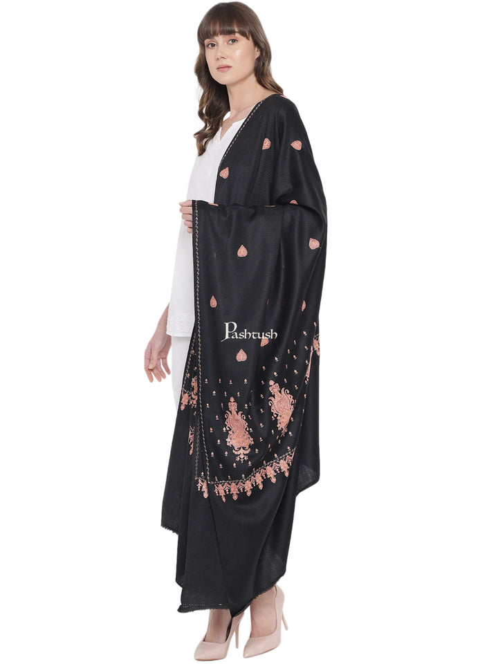 Pashtush India Womens Shawls Pashtush Womens Embroidery Shawl, Khakikar, Booti Jaal, Fine Wool, Black