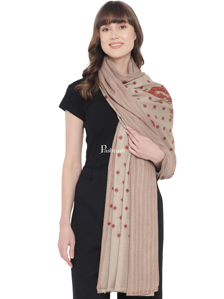 Pashtush India Womens Shawls Pashtush Womens Embroidery Shawl, Khakikar , Fine Wool, Beige