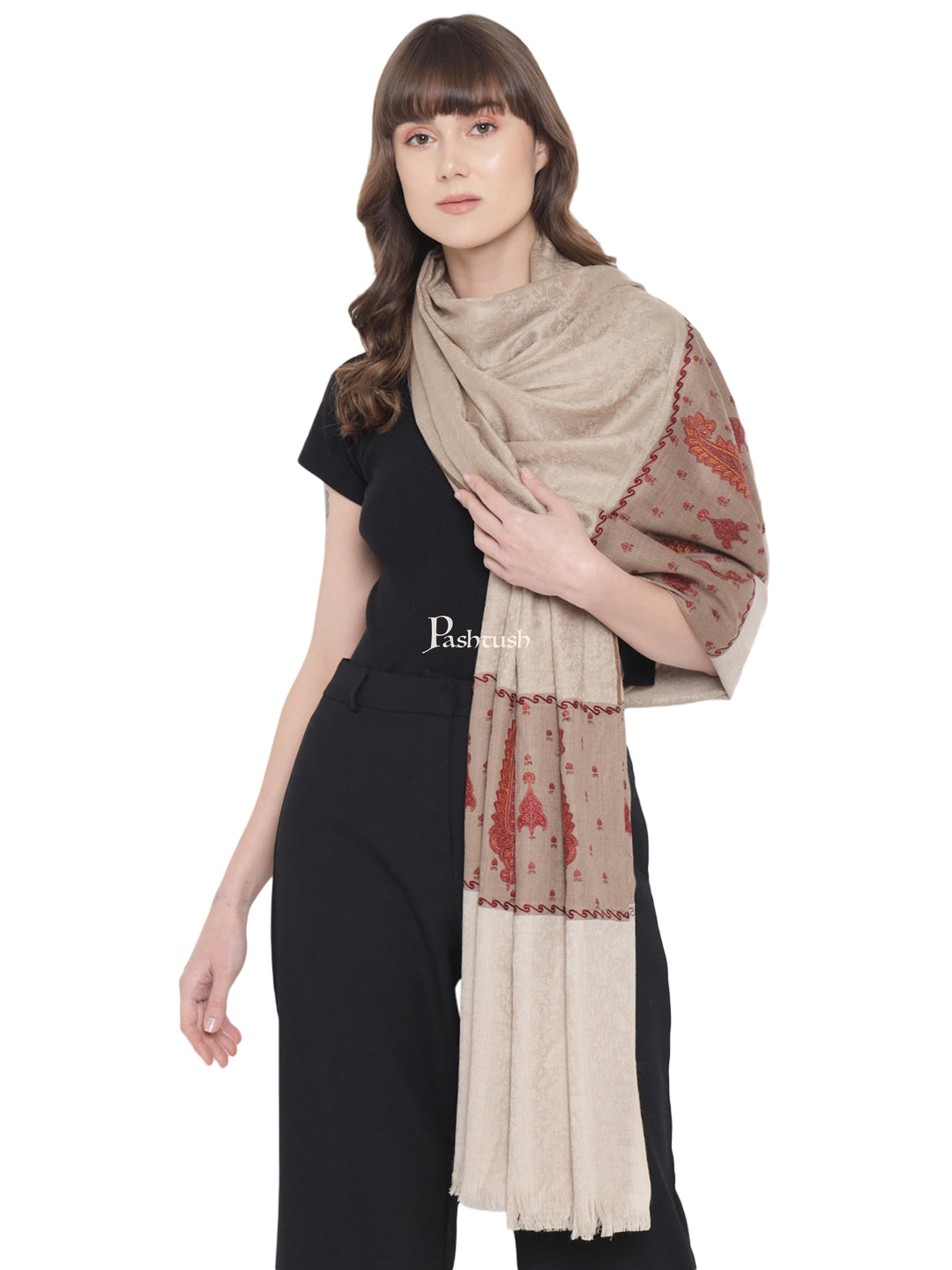 Pashtush India Womens Shawls Pashtush Womens Embroidery Shawl, Paiseley Stitched Palla, Beige and Taupe