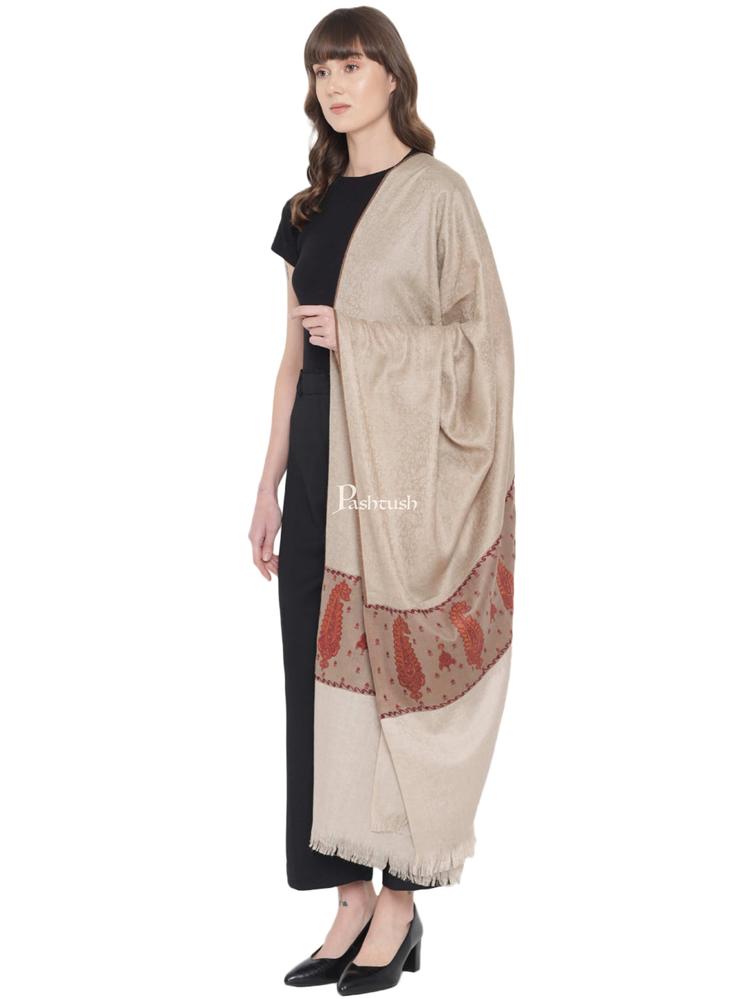 Pashtush India Womens Shawls Pashtush Womens Embroidery Shawl, Paiseley Stitched Palla, Beige and Taupe