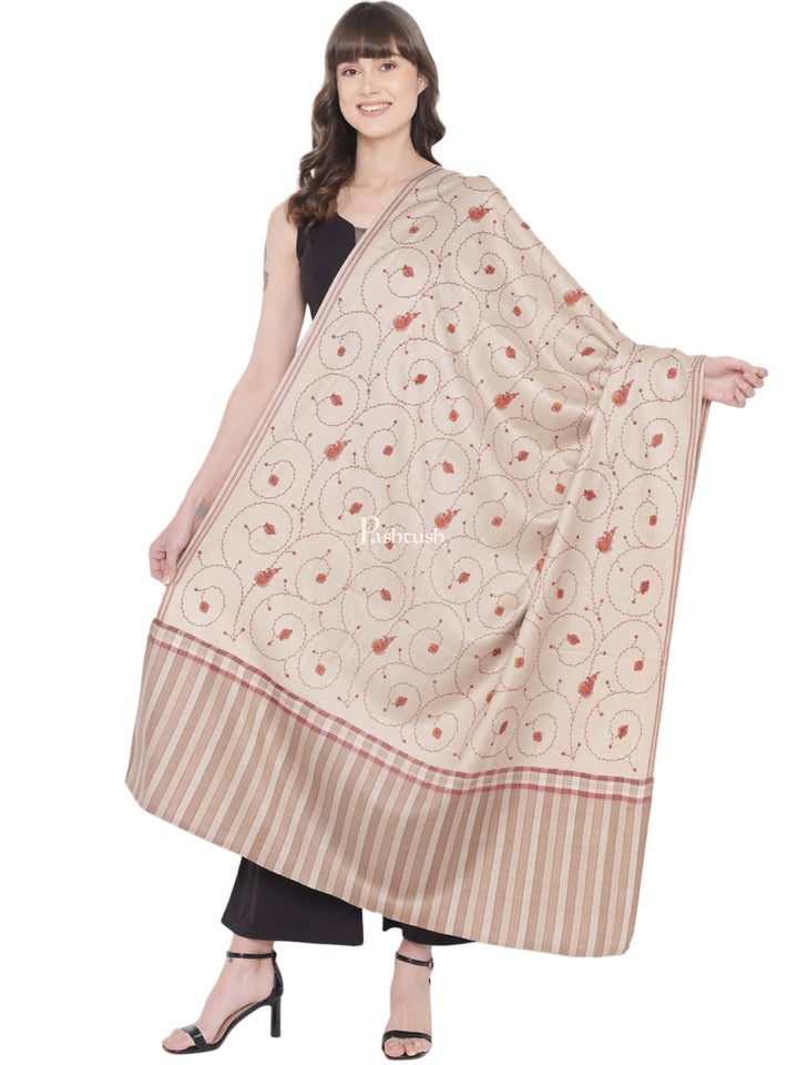 Pashtush India Womens Shawls Pashtush Womens Embroidery Shawl, Stitched Palla Design, Jaal Design, Beige