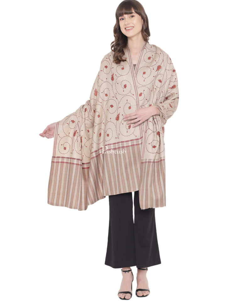 Pashtush India Womens Shawls Pashtush Womens Embroidery Shawl, Stitched Palla Design, Jaal Design, Beige