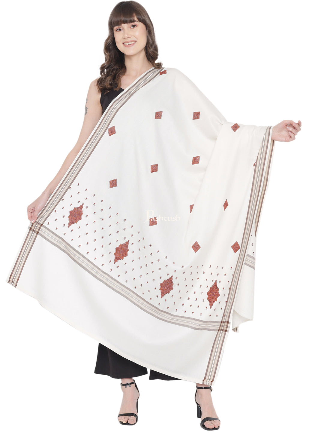 Pashtush India Womens Shawls Pashtush Womens Embroidery Shawl, Stitched Palla Design, Jaal Design, White