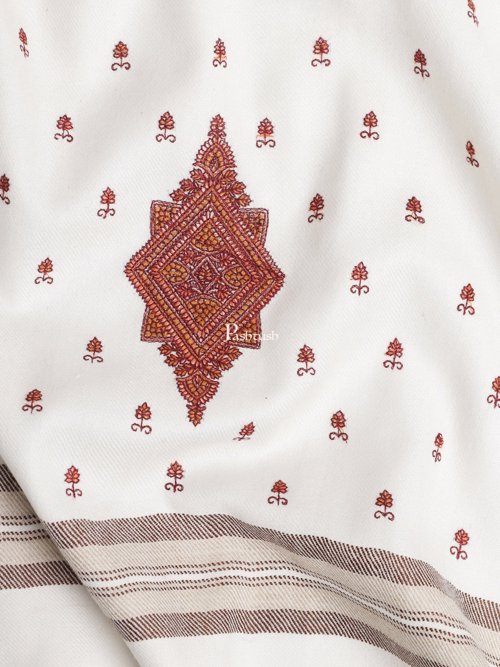 Pashtush India Womens Shawls Pashtush Womens Embroidery Shawl, Stitched Palla Design, Jaal Design, White