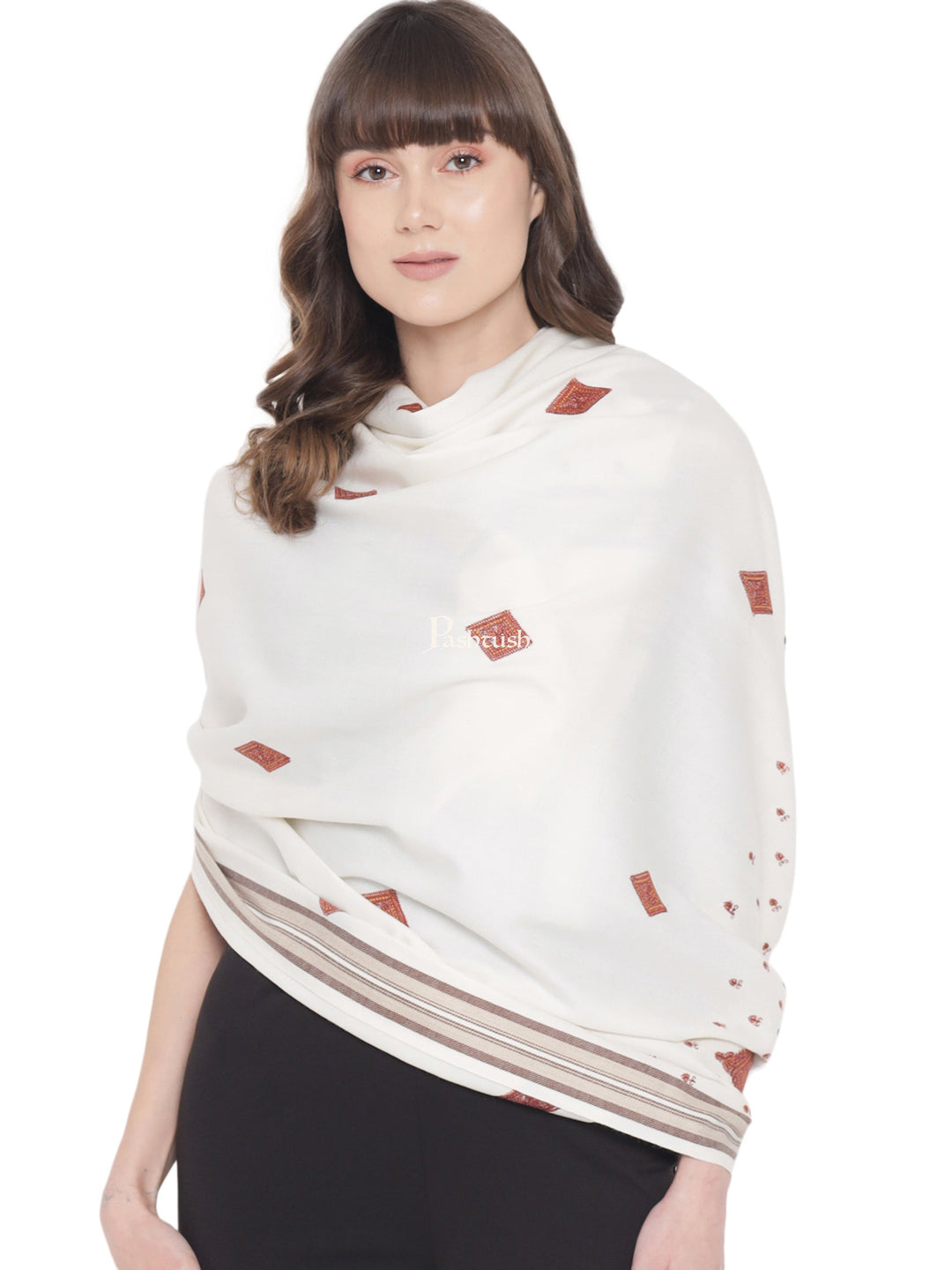 Pashtush India Womens Shawls Pashtush Womens Embroidery Shawl, Stitched Palla Design, Jaal Design, White