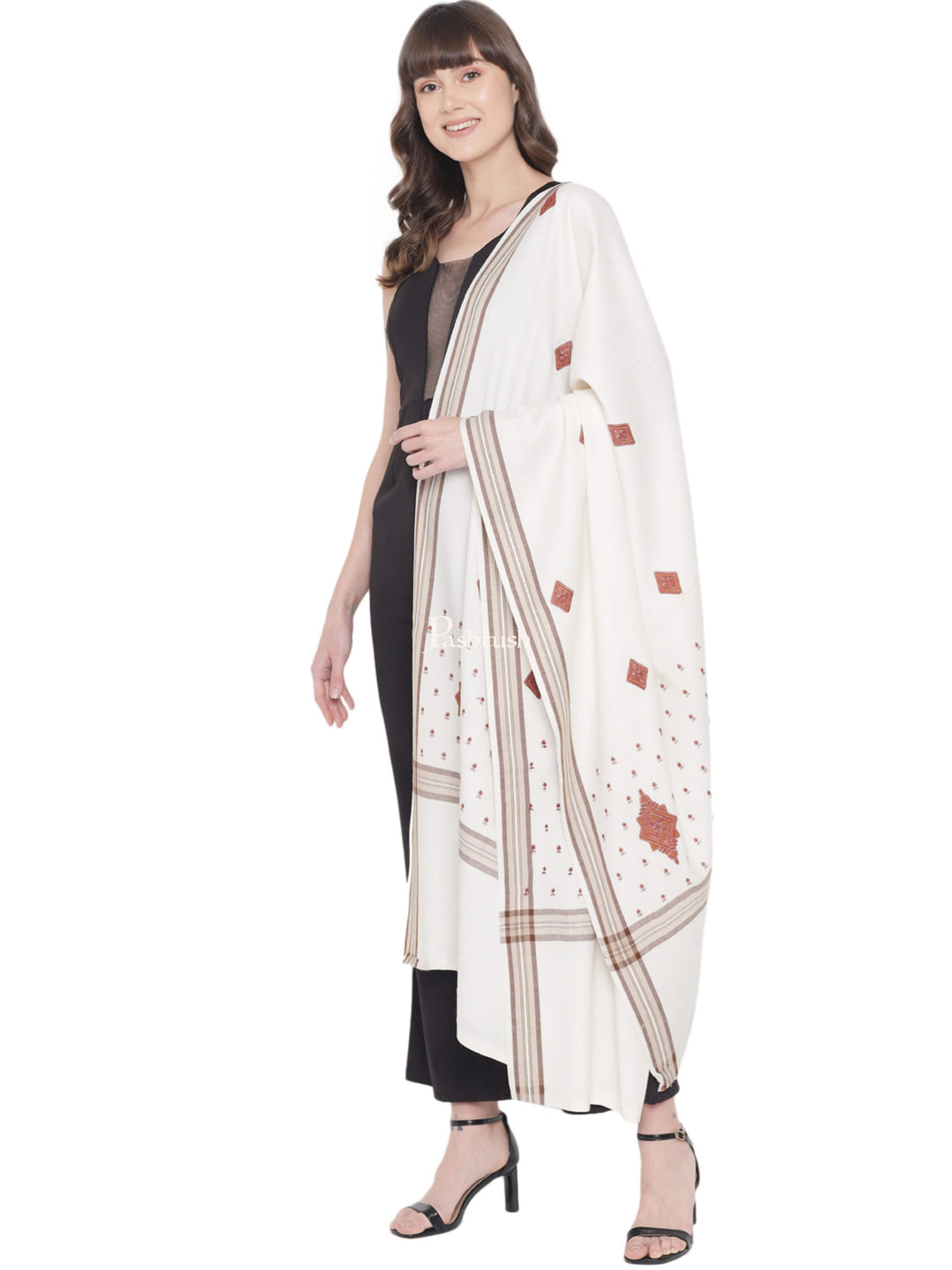 Pashtush India Womens Shawls Pashtush Womens Embroidery Shawl, Stitched Palla Design, Jaal Design, White