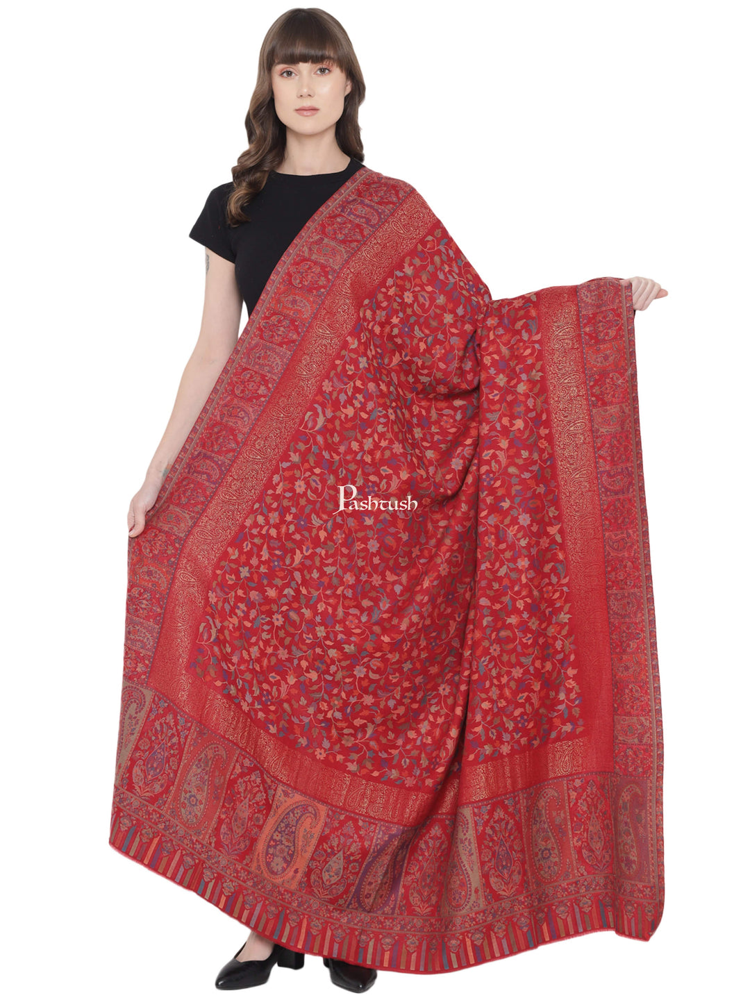 Pashtush India Womens Shawls Pashtush Womens Ethnic Shawl, Fine Wool, Metallic Weave Border, Extra Large Size, Crimson