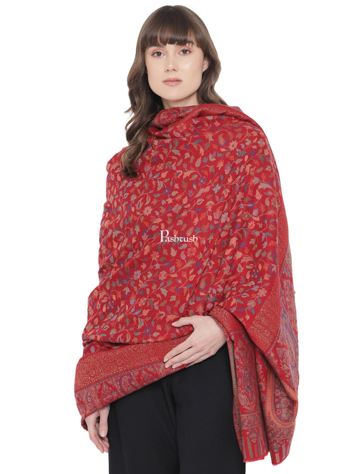 Pashtush India Womens Shawls Pashtush Womens Ethnic Shawl, Fine Wool, Metallic Weave Border, Extra Large Size, Crimson