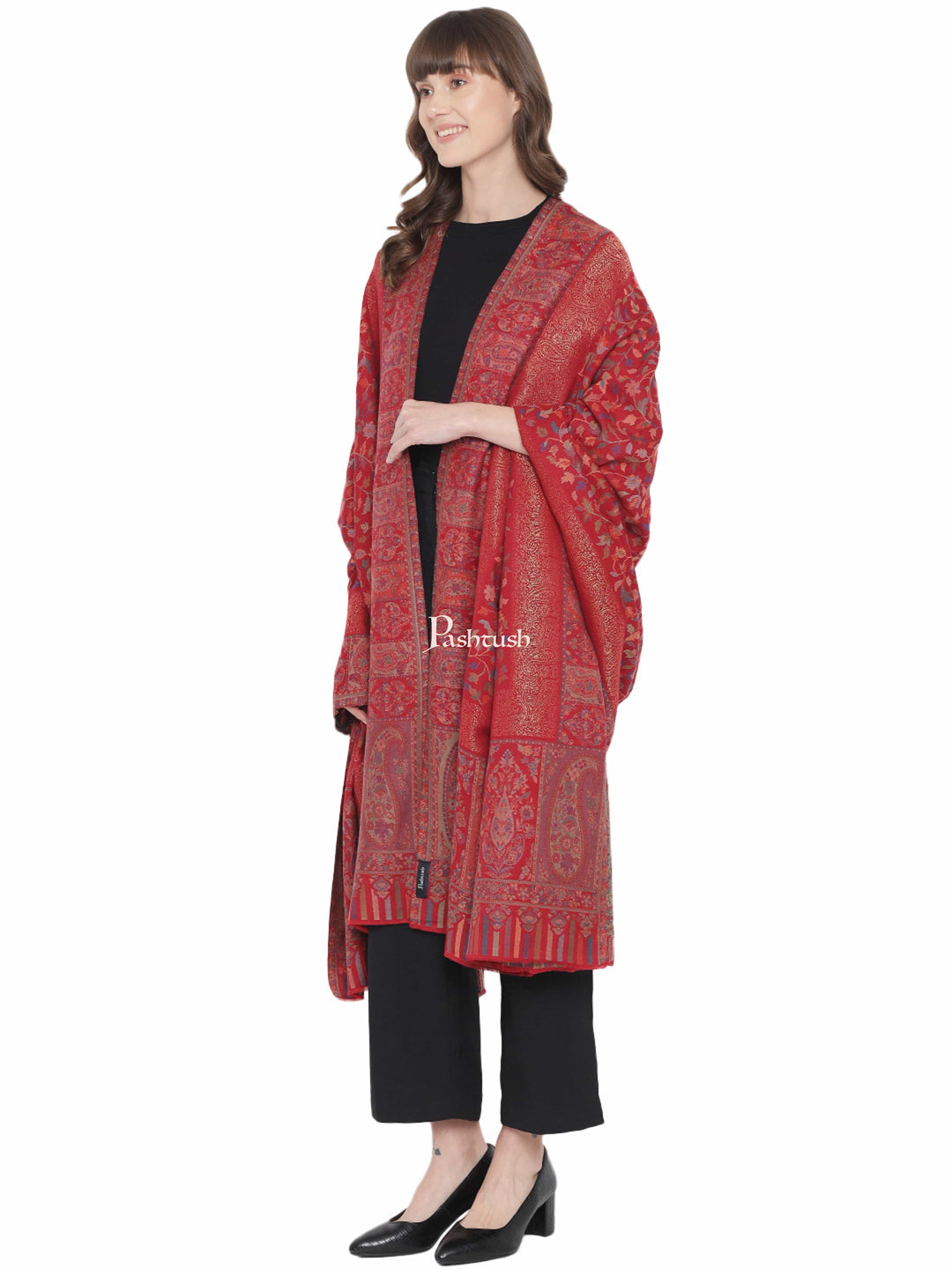 Pashtush India Womens Shawls Pashtush Womens Ethnic Shawl, Fine Wool, Metallic Weave Border, Extra Large Size, Crimson