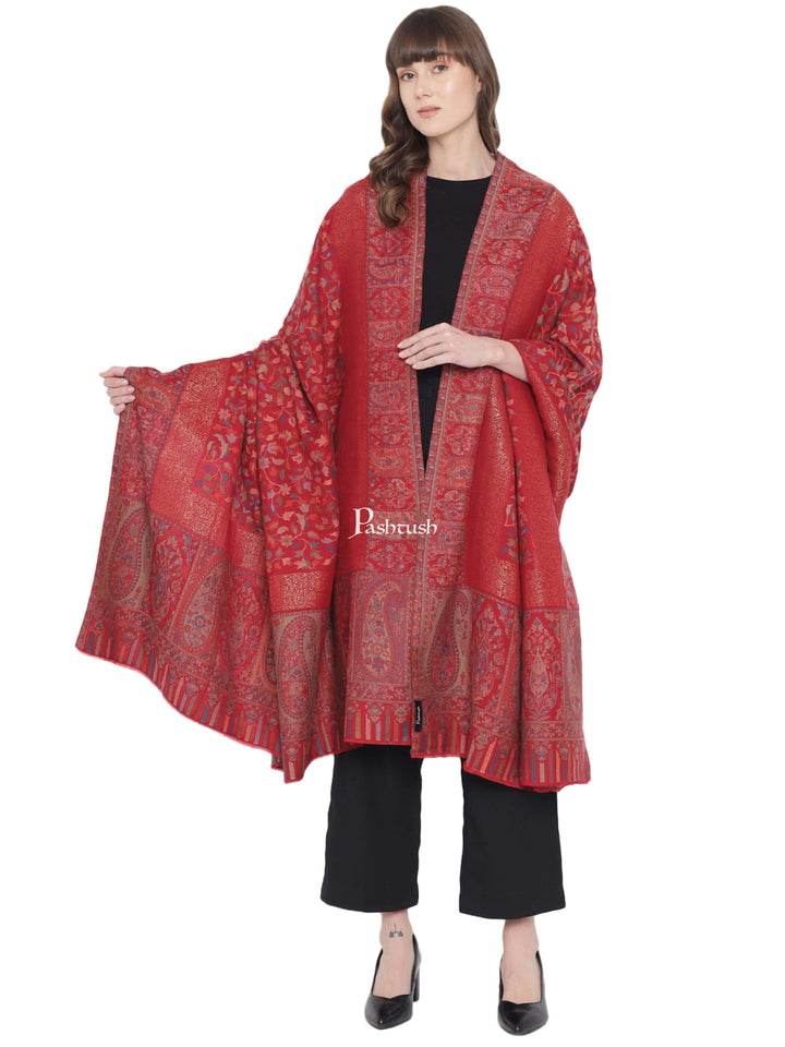 Pashtush India Womens Shawls Pashtush Womens Ethnic Shawl, Fine Wool, Metallic Weave Border, Extra Large Size, Crimson