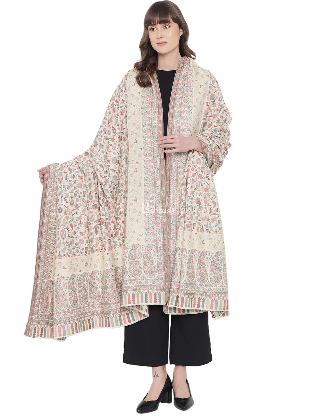 Pashtush India Womens Shawls Pashtush Womens Ethnic Shawl, Fine Wool, Metallic Weave Border, Extra Large Size, Ivory