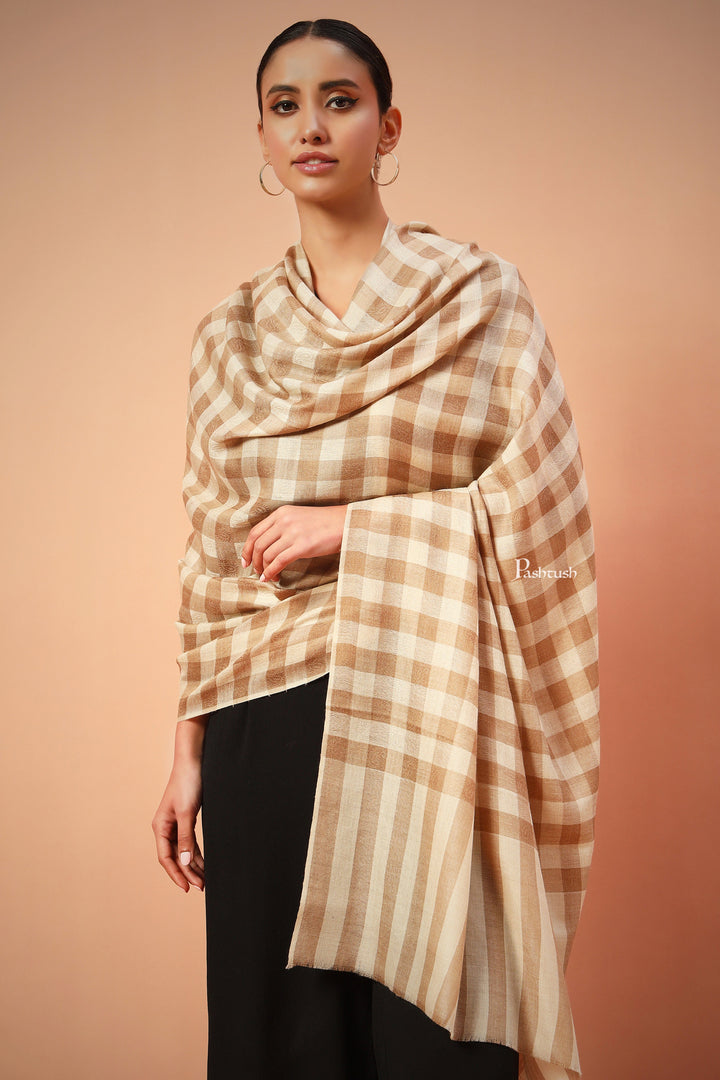 Pashtush India Womens Shawls Pashtush Womens Extra Fine Wool Blend  Shawl,Checkered, Soft And Warm Beige