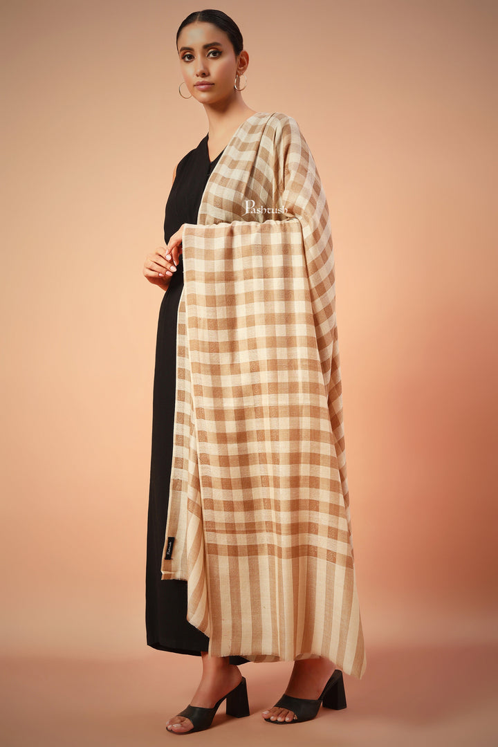 Pashtush India Womens Shawls Pashtush Womens Extra Fine Wool Blend  Shawl,Checkered, Soft And Warm Beige