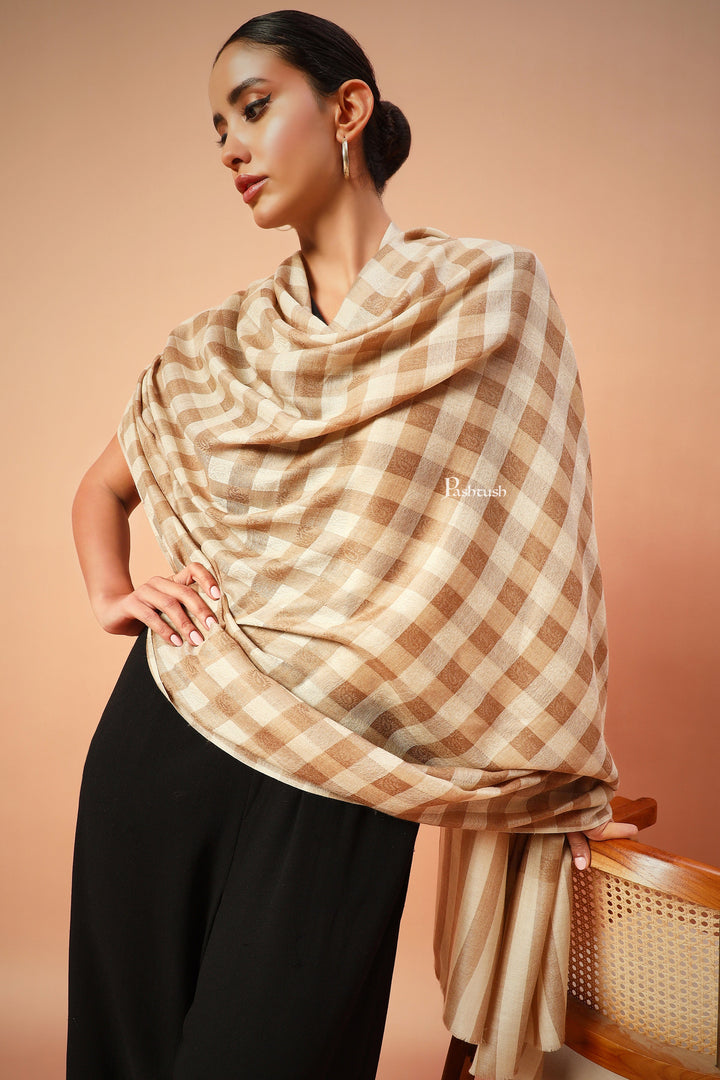 Pashtush India Womens Shawls Pashtush Womens Extra Fine Wool Blend  Shawl,Checkered, Soft And Warm Beige