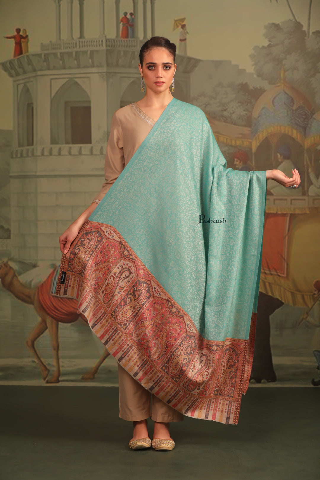 Pashtush India Womens Shawls Pashtush Womens Extra Fine Wool Shawl, Ambi Palla Design, Seagreen