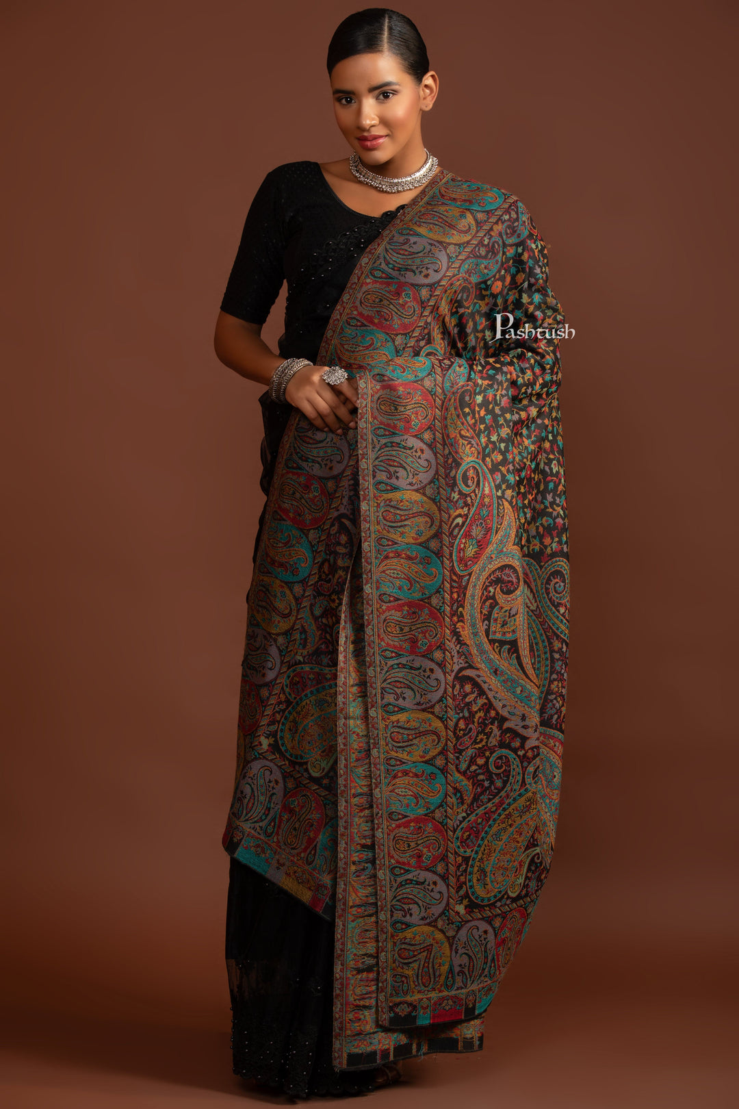 Pashtush His and Her Gift Set of Fine Wool Shawls, Black, Packaged in Keepsake Wooden Chester Gift Box