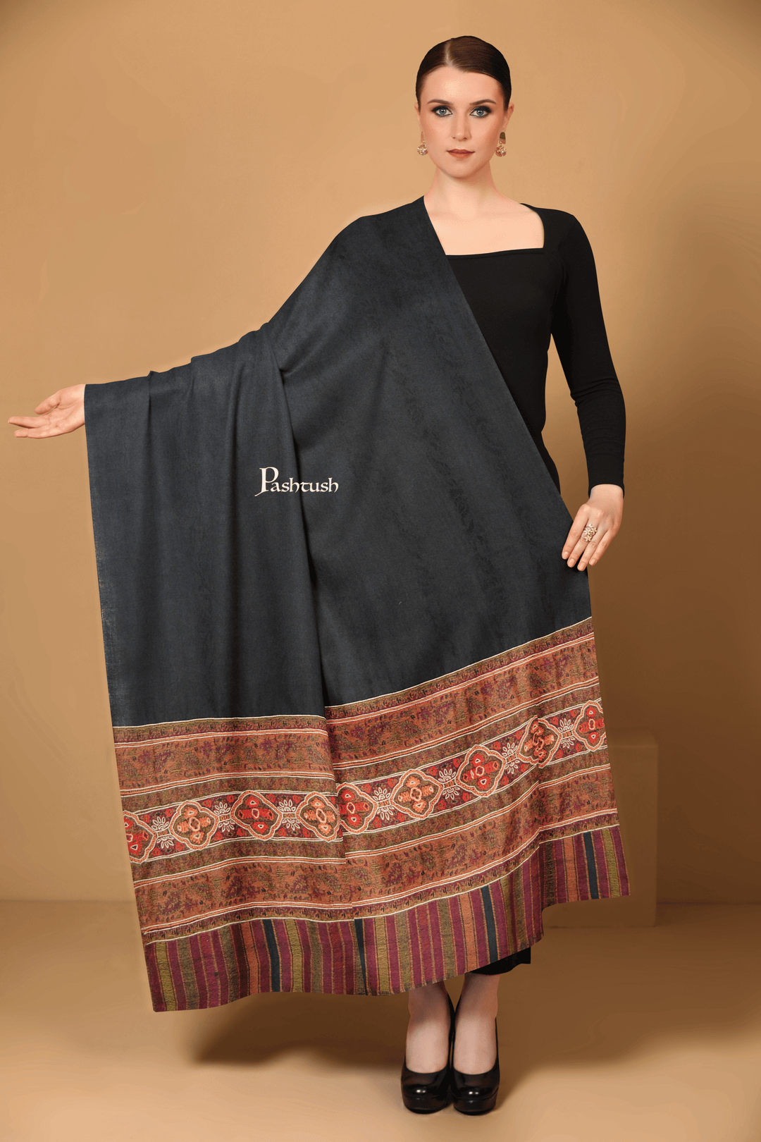 Pashtush India Womens Shawls Pashtush Womens Extra Fine Wool Shawl, Aztec Nalki Hand  Embroidery Palla Design, Black