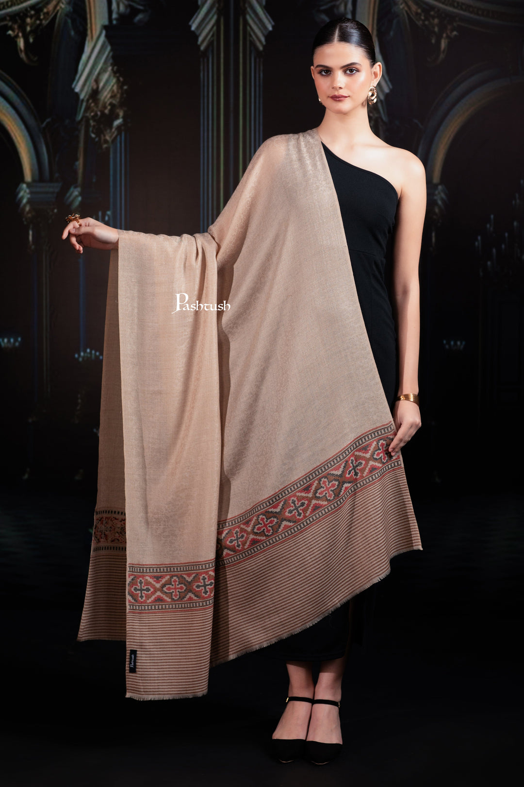 Pashtush India Womens Shawls Pashtush Womens Extra Fine Wool Shawl, Aztec Palla Design, Beige