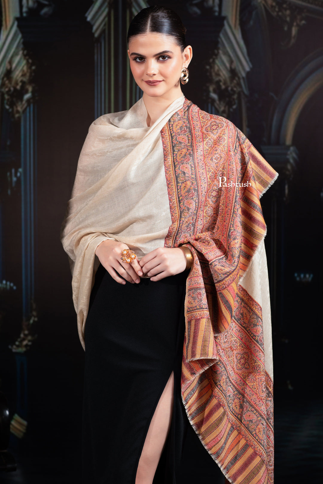 Pashtush Womens Extra Fine Wool Shawl, Aztec Palla Woven Design, Beige ...