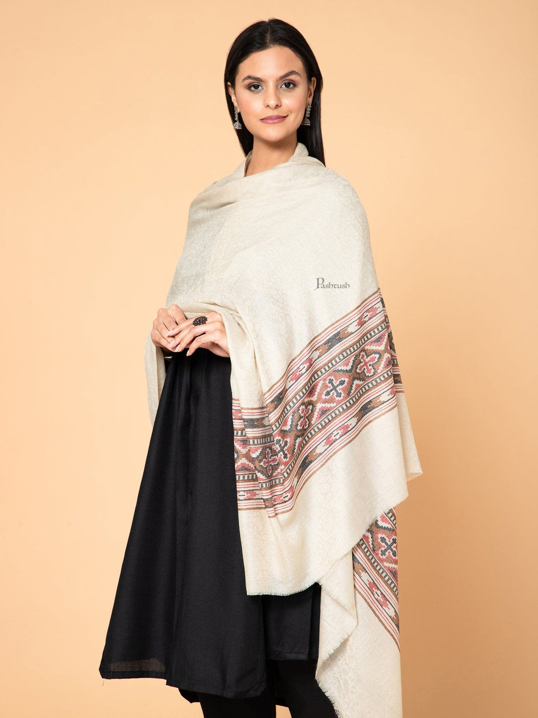 Pashtush India Womens Shawls Pashtush Womens Extra Fine Wool Shawl, Aztec Weave Design, Beige