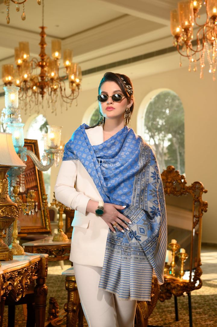 Pashtush India Womens Shawls Pashtush Womens Extra Fine Wool Shawl, Aztec Weave Design, Blue