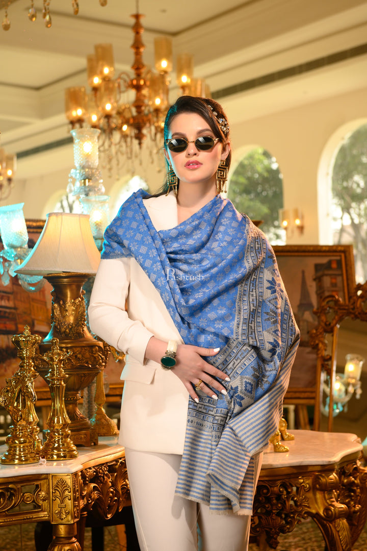 Pashtush India Womens Shawls Pashtush Womens Extra Fine Wool Shawl, Aztec Weave Design, Blue