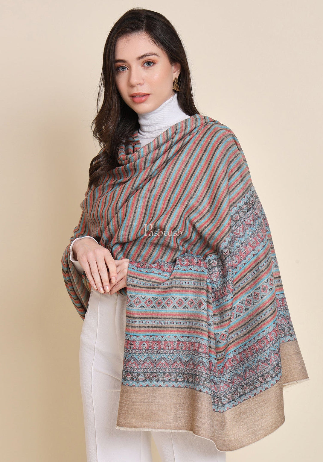 Pashtush India Womens Shawls Pashtush Womens Extra Fine Wool Shawl, Aztec Weave Design, Multicolour