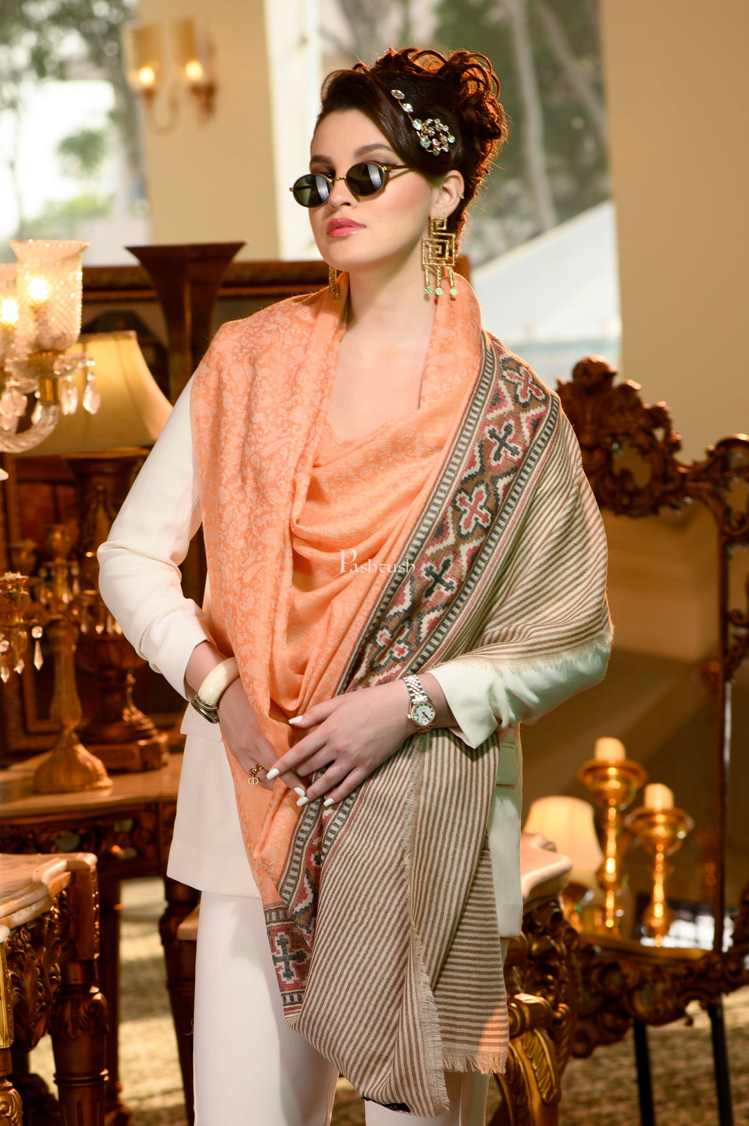 Pashtush India Womens Shawls Pashtush Womens Extra Fine Wool Shawl, Aztec Weave Design, Peach