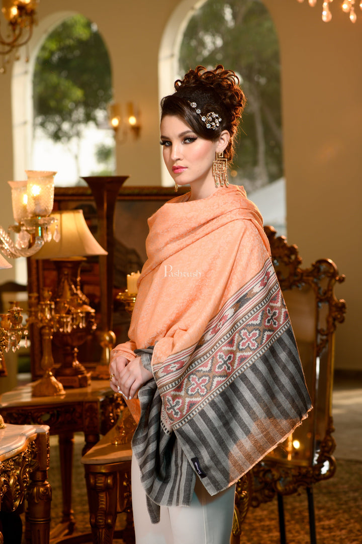 Pashtush India Womens Shawls Pashtush Womens Extra Fine Wool Shawl, Aztec Weave Design, Peach