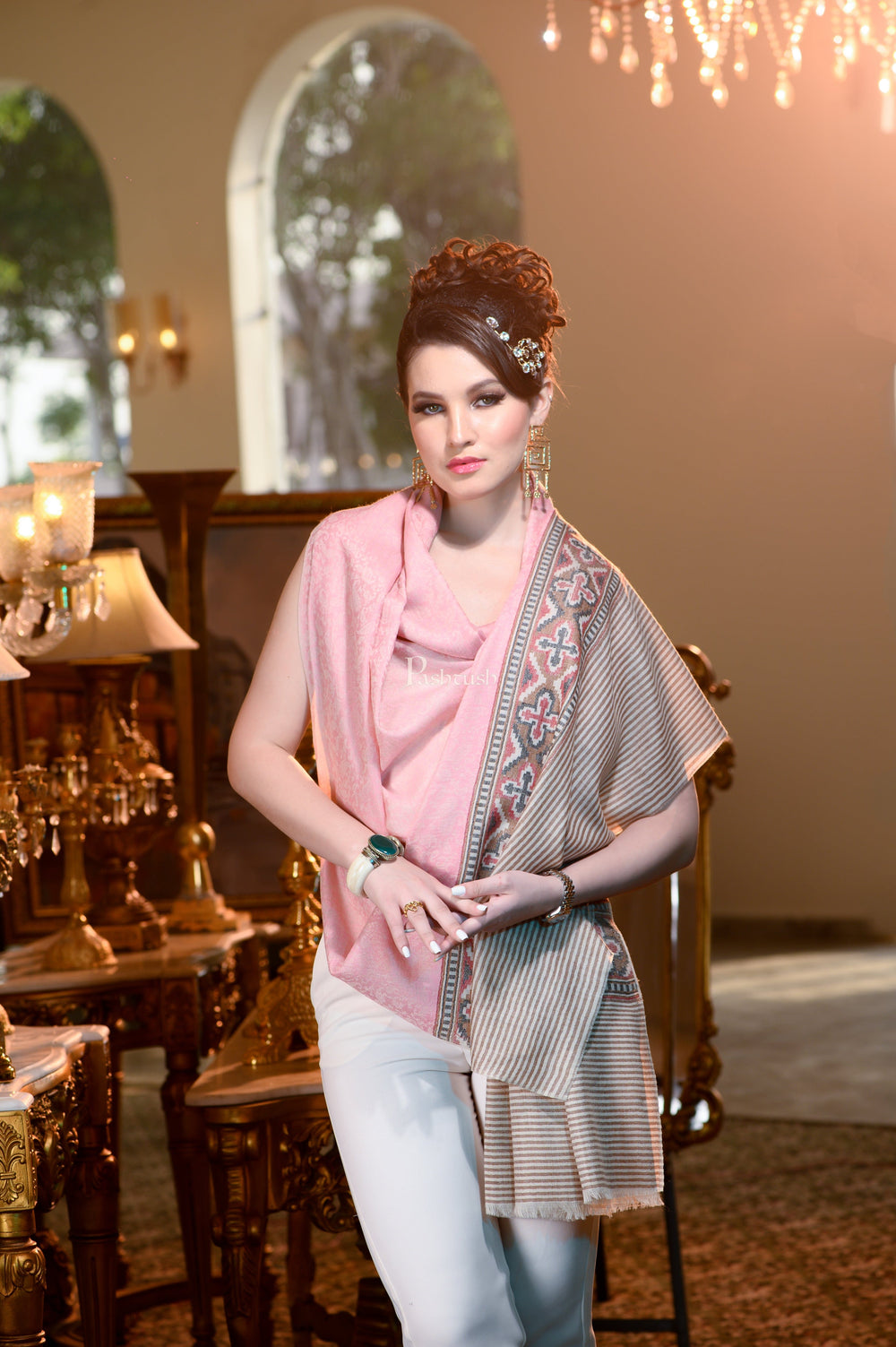 Pashtush India Womens Shawls Pashtush Womens Extra Fine Wool Shawl, Aztec Weave Design, Pink