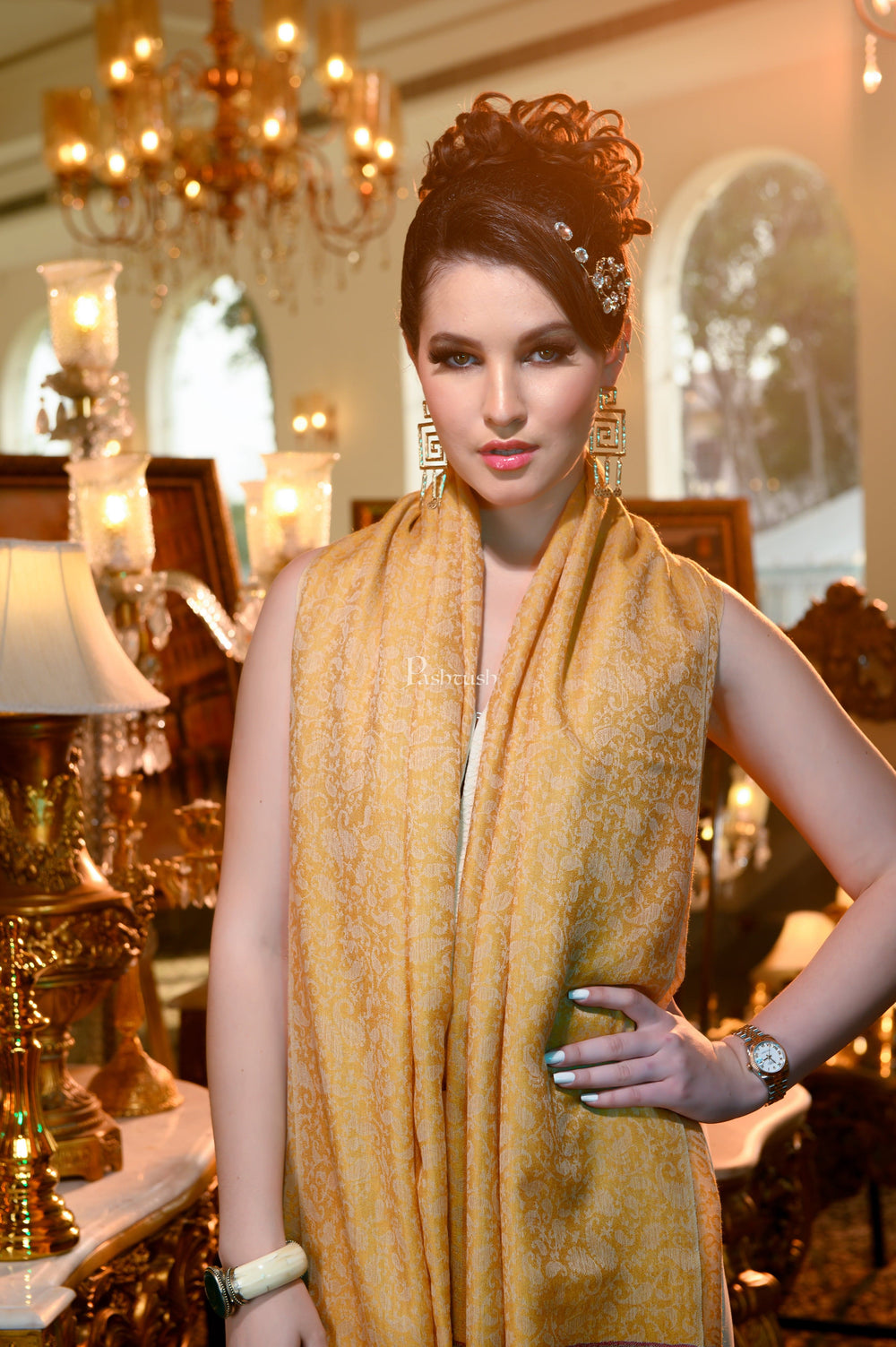 Pashtush India Womens Shawls Pashtush Womens Extra Fine Wool Shawl, Aztec Weave Design, Yellow