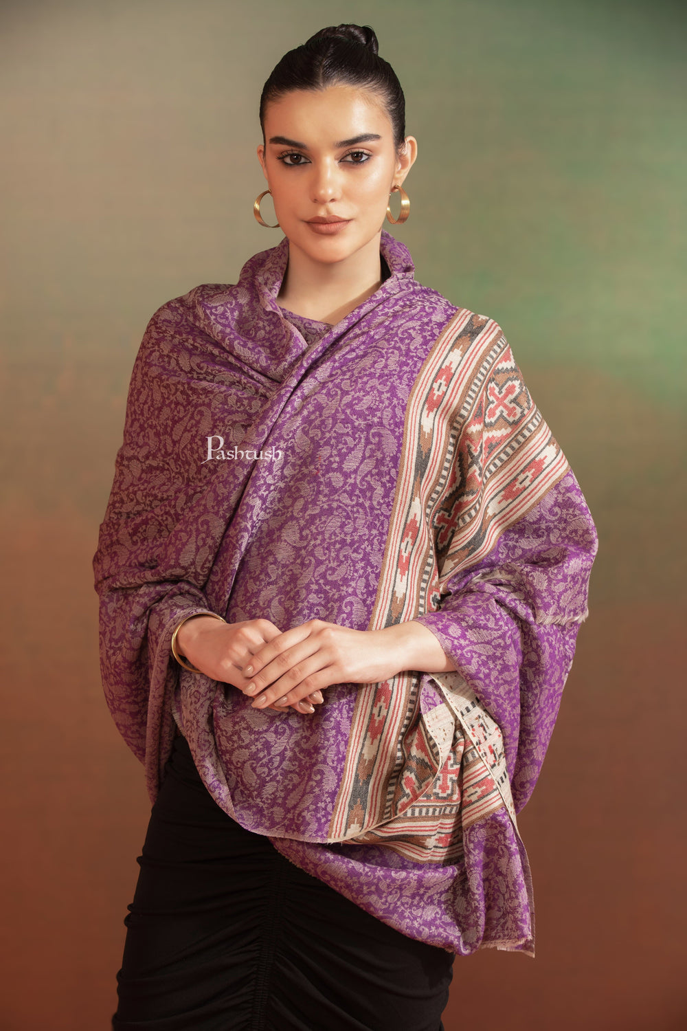 Pashtush India Womens Shawls Pashtush Womens Extra Fine Wool Shawl, Aztec Weave Palla Design, Purple