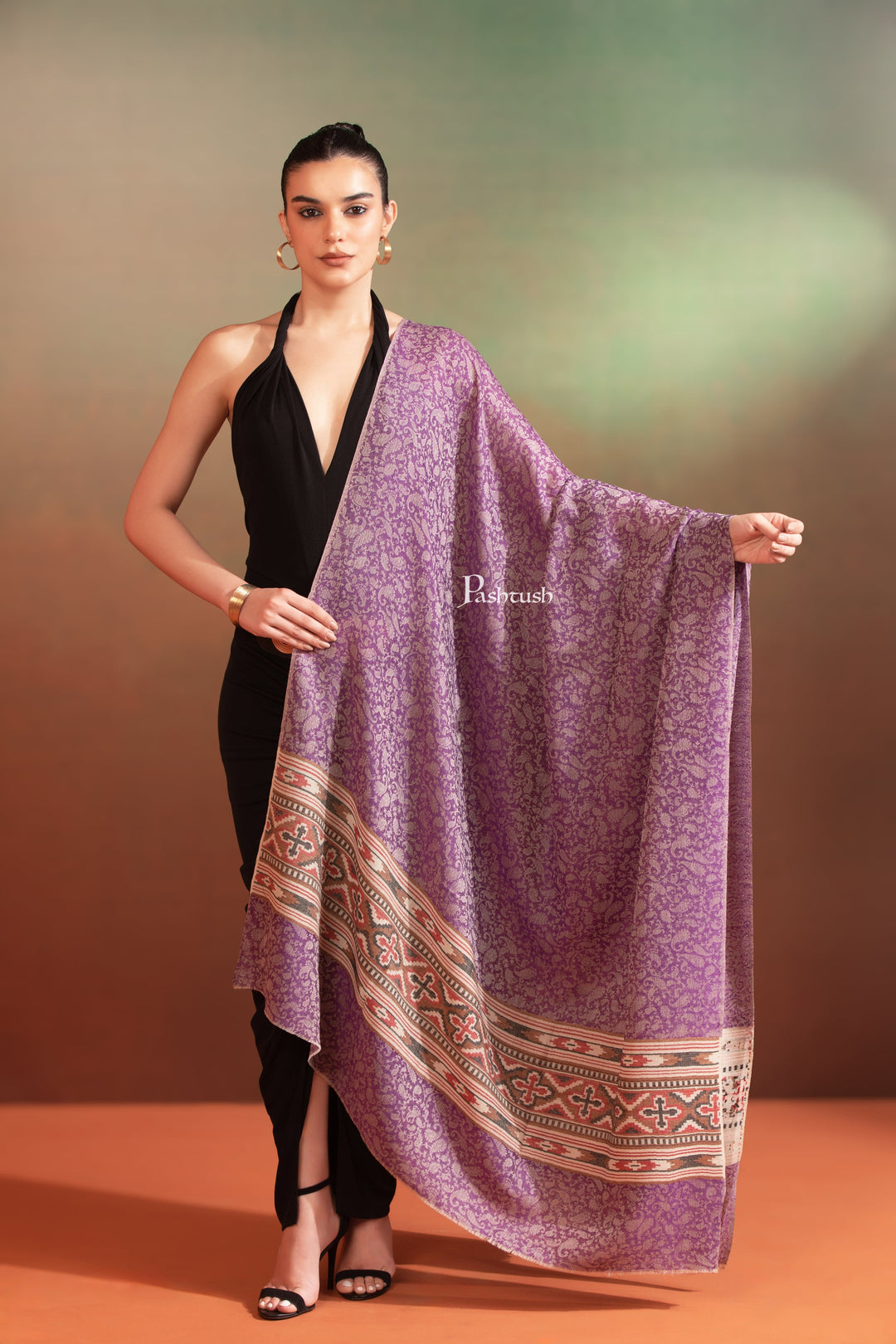Pashtush India Womens Shawls Pashtush Womens Extra Fine Wool Shawl, Aztec Weave Palla Design, Purple