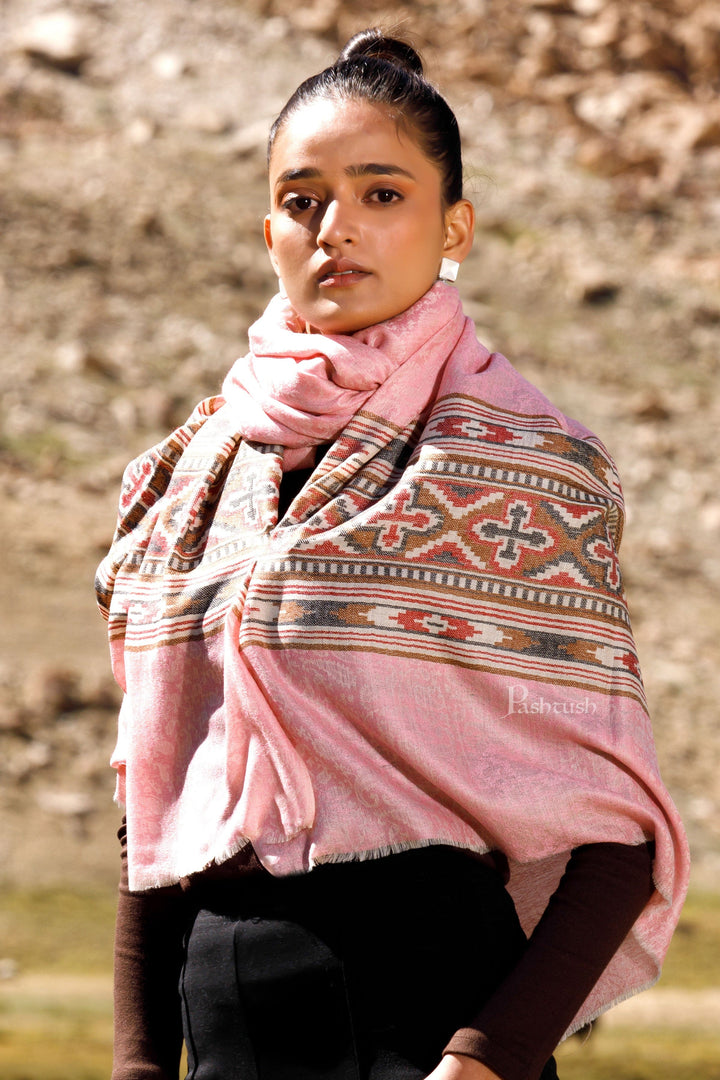 Pashtush India Womens Shawls Pashtush Womens Extra Fine Wool Shawl, Aztec Weave Palla, Woven Design, Soft Pink