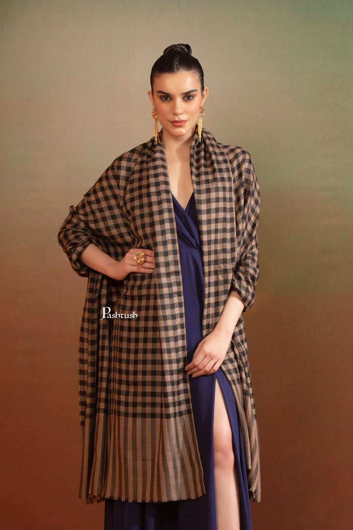 Pashtush India Womens Shawls Pashtush Womens Extra Fine Wool Shawl, Checkered Design, Black And Beige