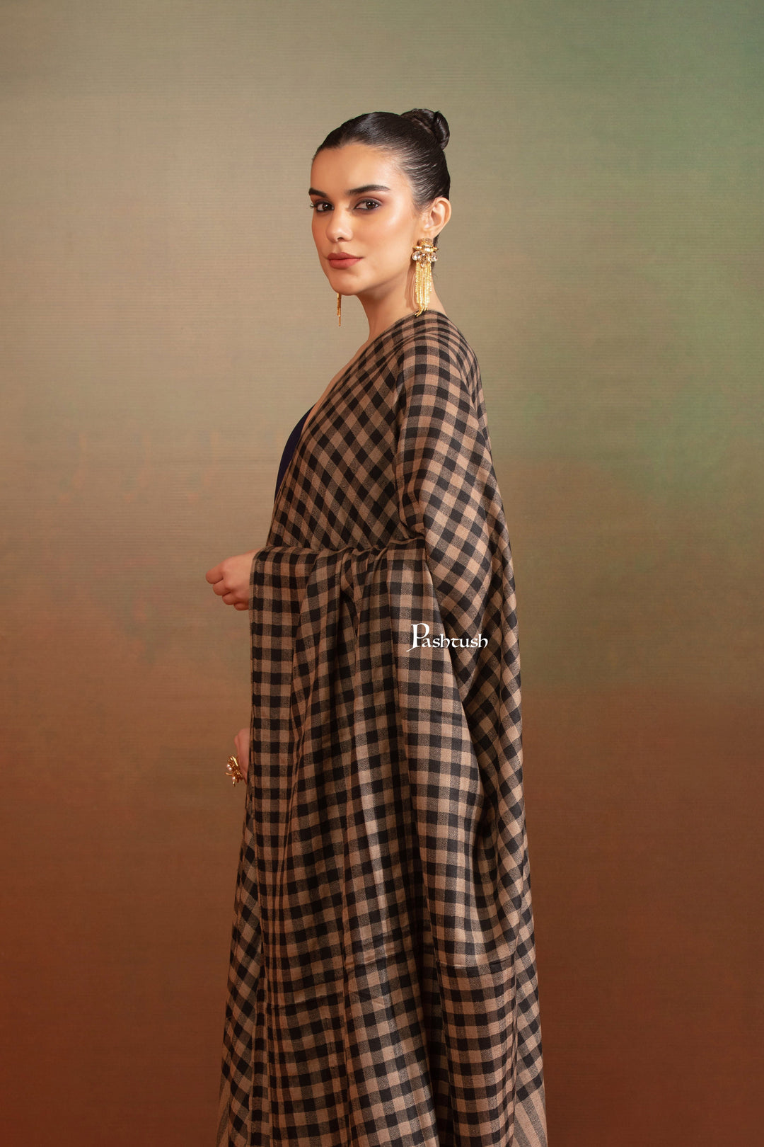 Pashtush India Womens Shawls Pashtush Womens Extra Fine Wool Shawl, Checkered Design, Black And Beige