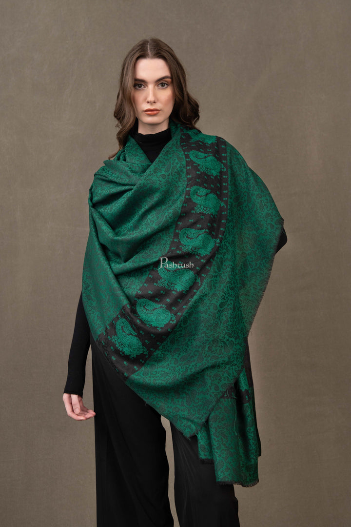 Pashtush India Womens Stoles and Scarves Scarf Pashtush Womens Extra Fine Wool Shawl, Embroidered Palla Design, Black And Green