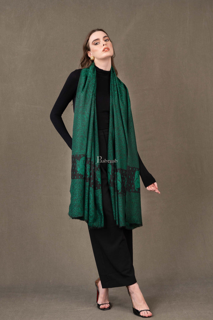 Pashtush India Womens Stoles and Scarves Scarf Pashtush Womens Extra Fine Wool Shawl, Embroidered Palla Design, Black And Green