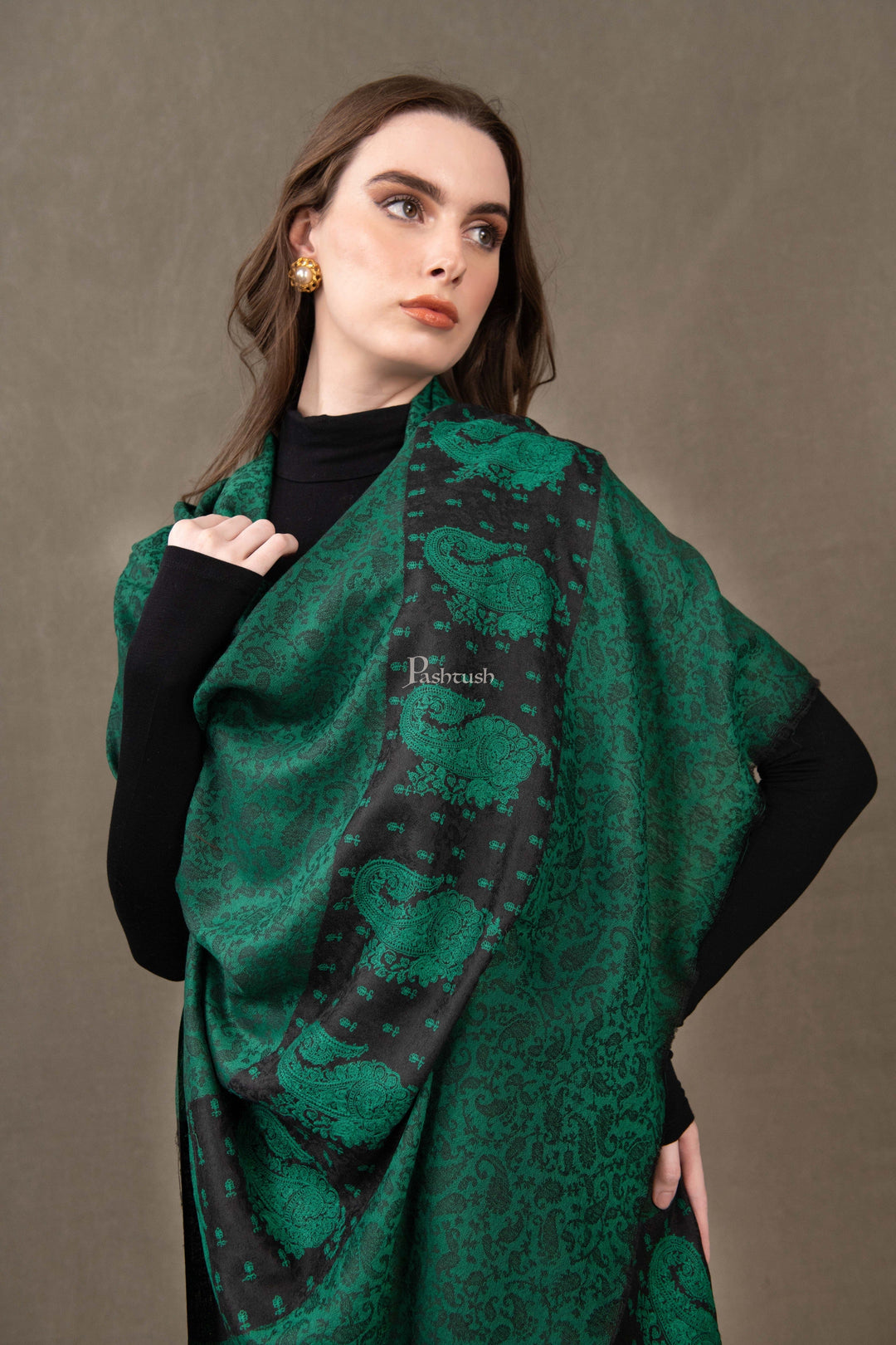Pashtush India Womens Stoles and Scarves Scarf Pashtush Womens Extra Fine Wool Shawl, Embroidered Palla Design, Black And Green