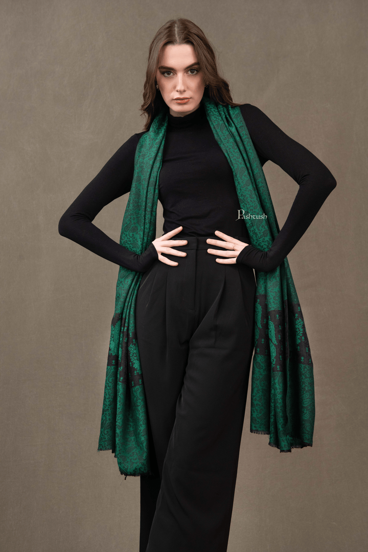 Pashtush India Womens Stoles and Scarves Scarf Pashtush Womens Extra Fine Wool Shawl, Embroidered Palla Design, Black And Green