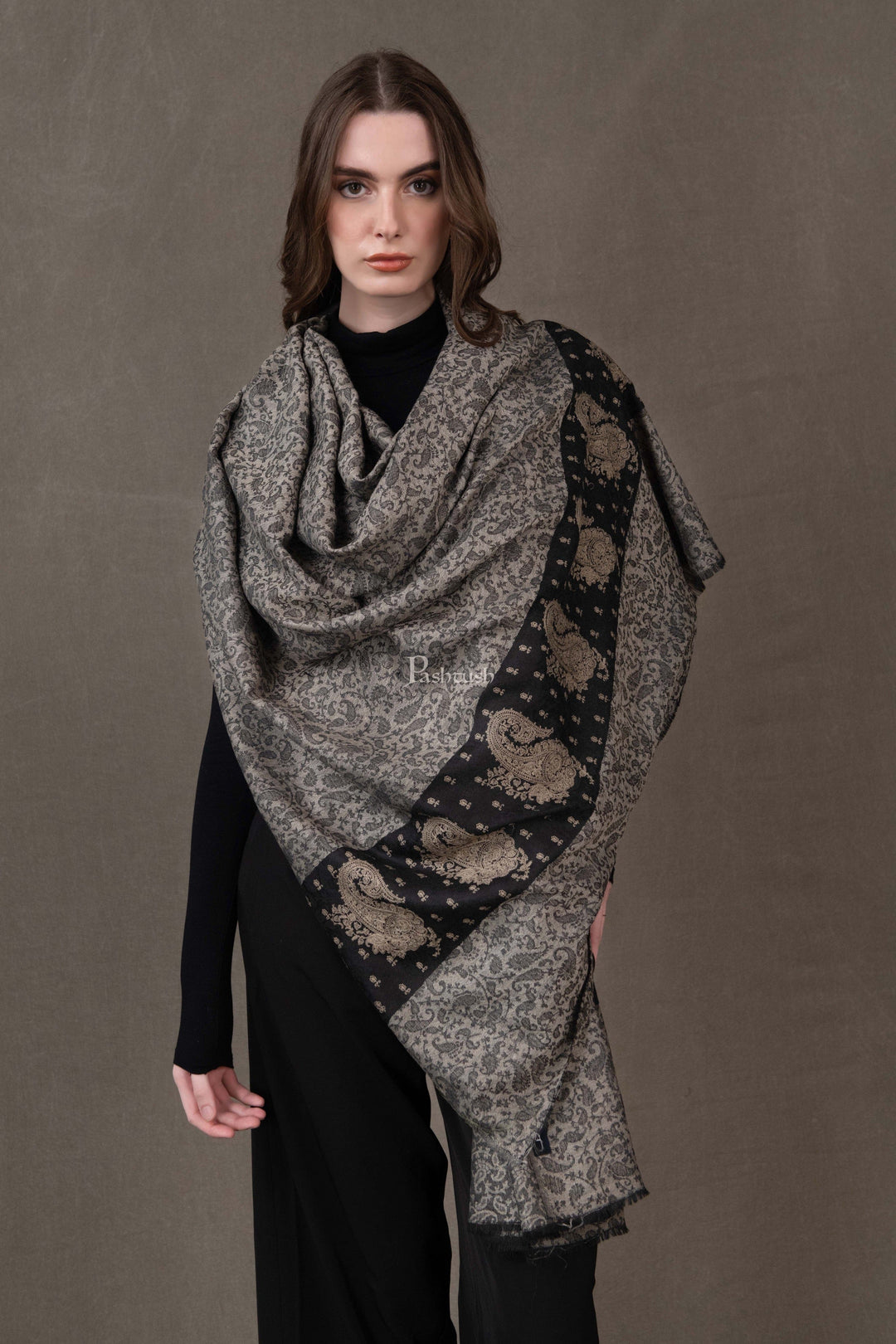 Pashtush India Womens Stoles and Scarves Scarf Pashtush Womens Extra Fine Wool Shawl, Embroidered Palla Design, Black And Grey