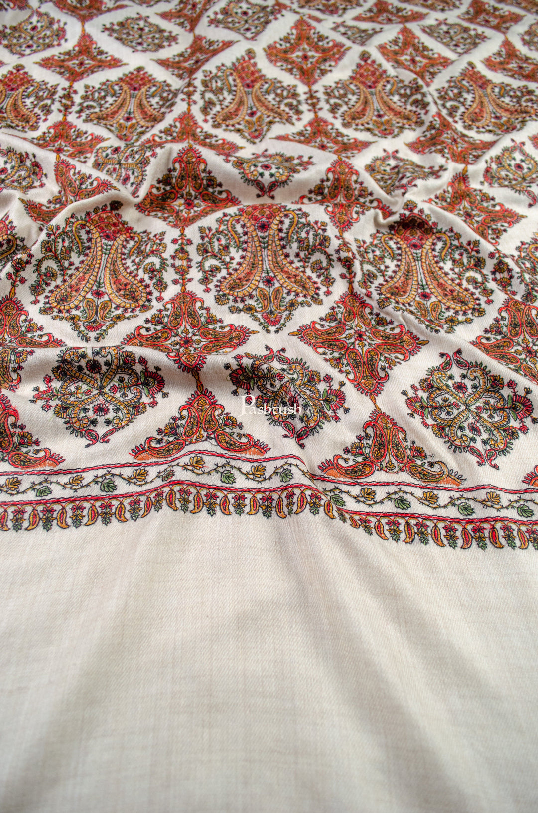 Pashtush India Womens Shawls Pashtush Womens Extra Fine Wool Shawl, Embroidery Kashmiri Jaal Design, Beige
