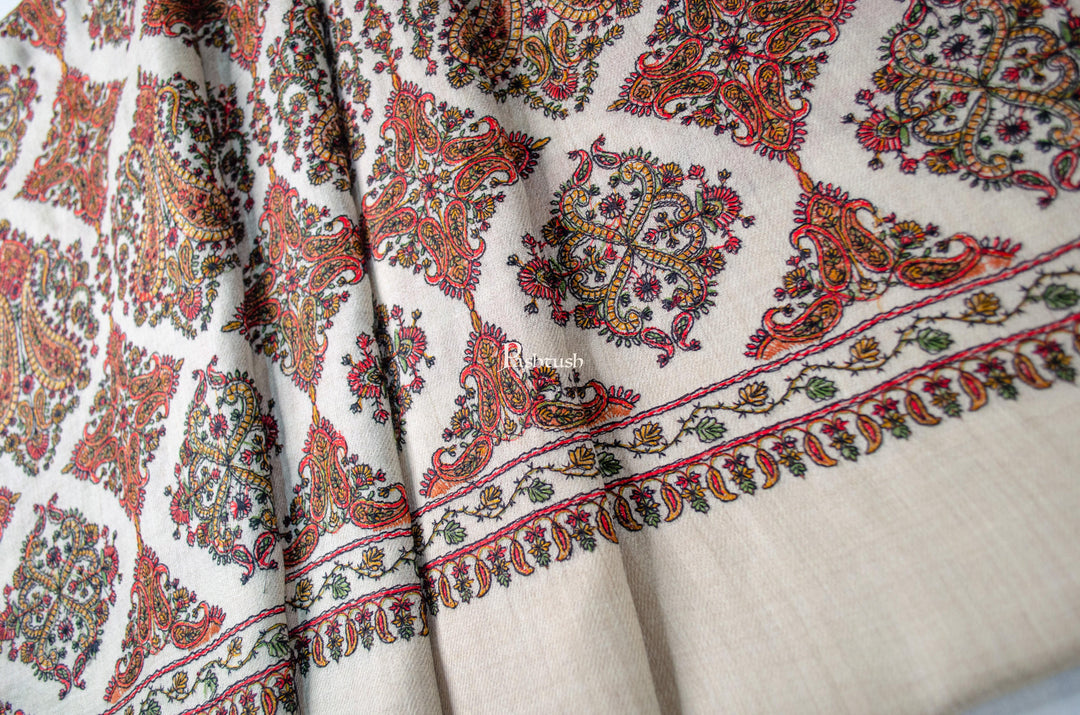 Pashtush India Womens Shawls Pashtush Womens Extra Fine Wool Shawl, Embroidery Kashmiri Jaal Design, Beige