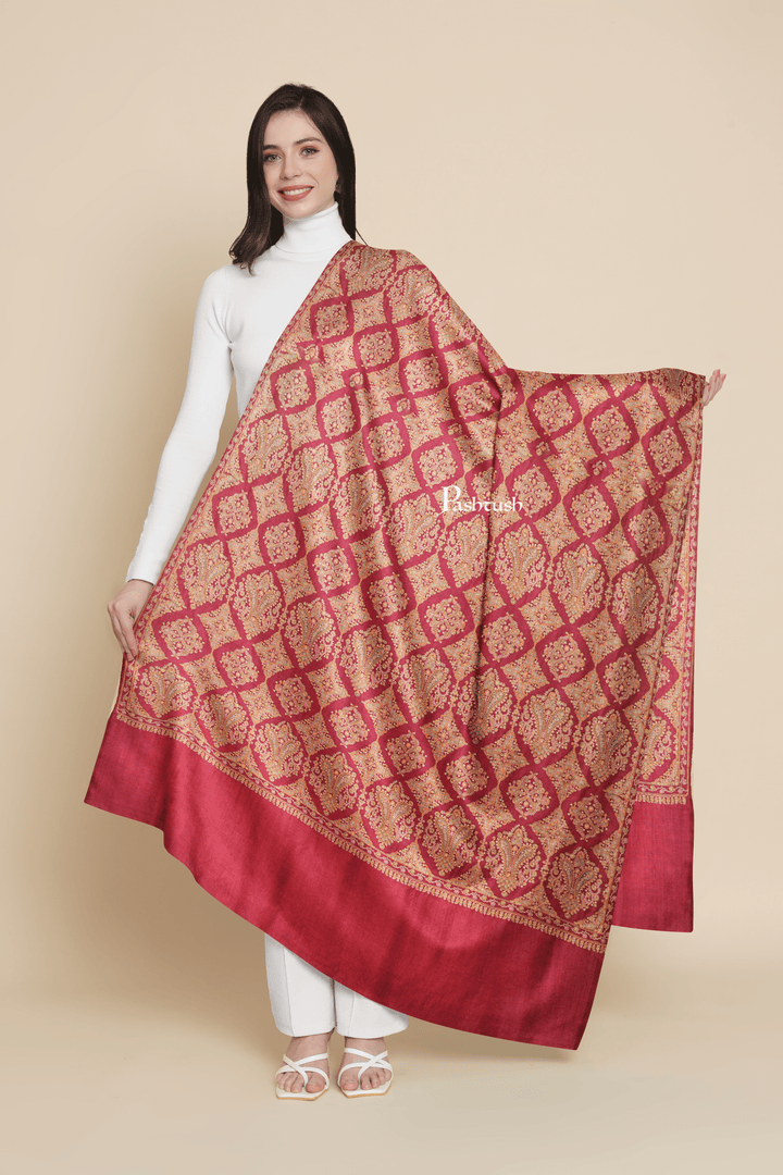 Pashtush India Womens Shawls Pashtush Womens Extra Fine Wool Shawl, Embroidery Kashmiri Jaal Design, Maroon