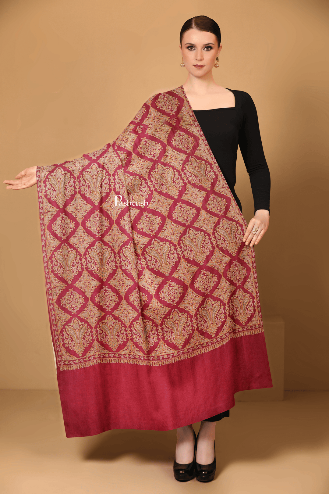 Pashtush India Womens Shawls Pashtush Womens Extra Fine Wool Shawl, Embroidery Kashmiri Jaal Design, Maroon