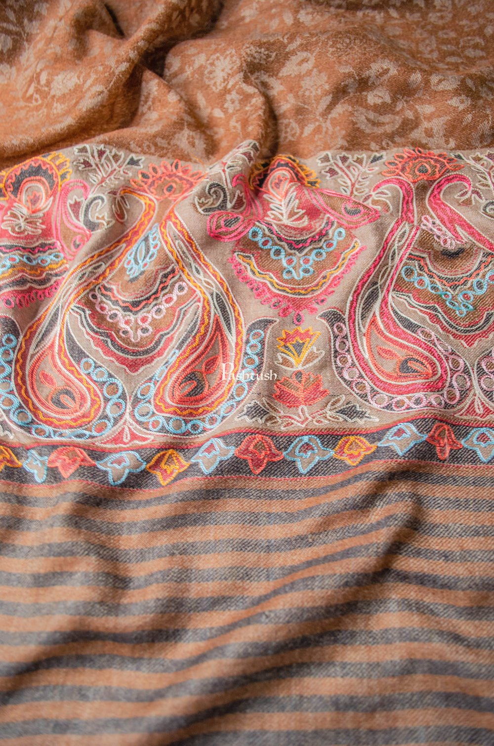 Pashtush India Womens Shawls Pashtush Womens Extra Fine Wool Shawl, Embroidery Palla Design, Brown
