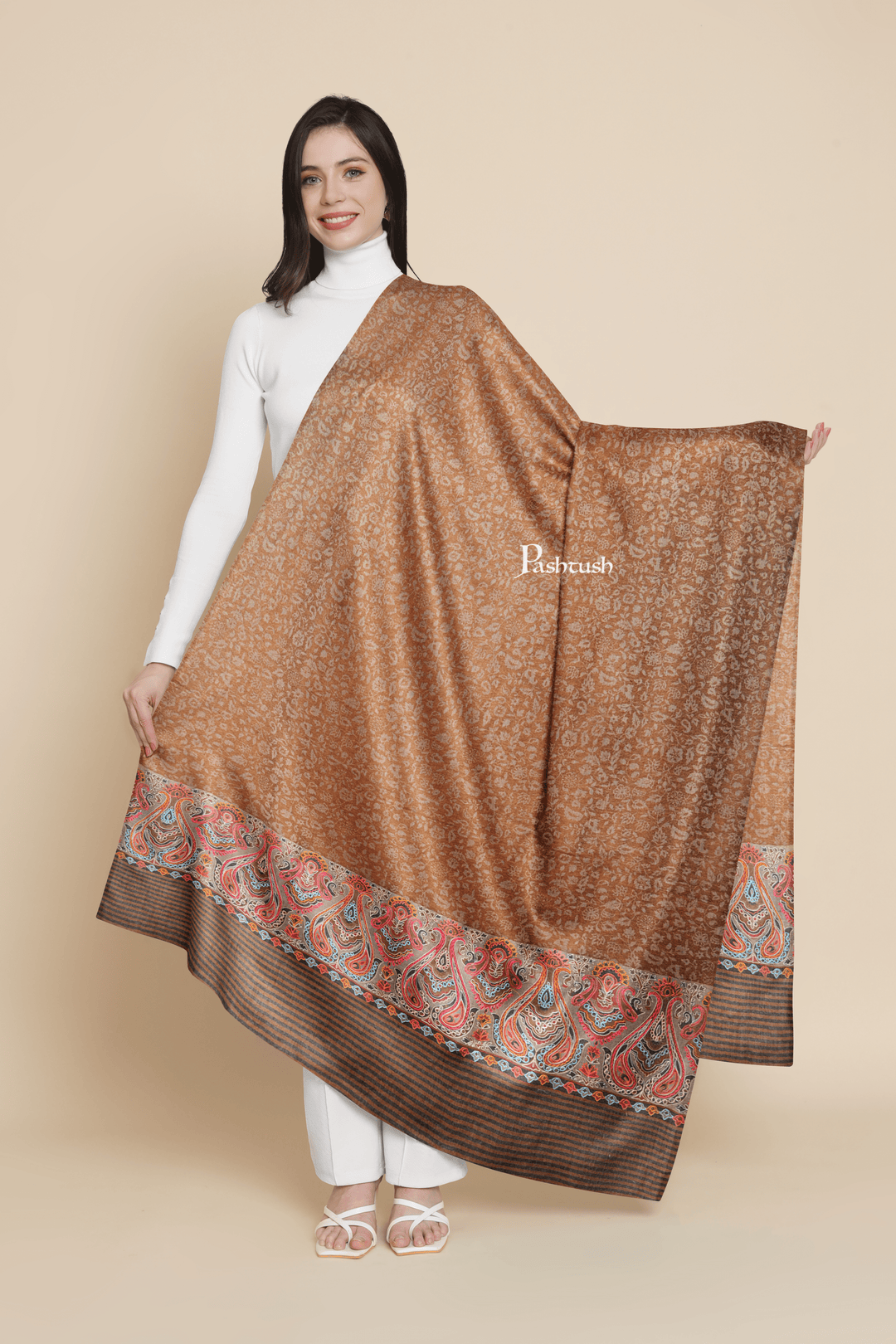 Pashtush India Womens Shawls Pashtush Womens Extra Fine Wool Shawl, Embroidery Palla Design, Brown